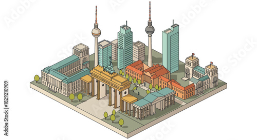 berlin city isometric illustration depicting iconic buildings and landmarks in a captivating isometric view ideal for travel and architectural promotions