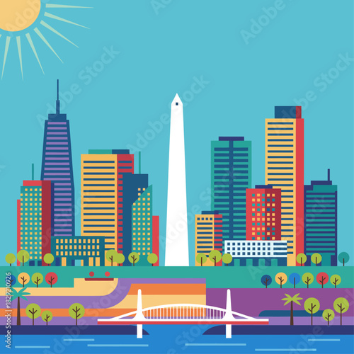 Buenos aires cityscape illustration of modern buildings bridge and waterfront representing urban development and argentine culture ideal for travel promotions