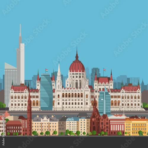 Budapest skyline vector illustration showcasing the Hungarian Parliament Building amidst modern architecture ideal for travel blogs architectural designs and city guides.