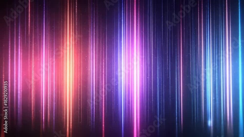 Vibrant vertical light streaks with sparkling particles create a dynamic, colorful backdrop.