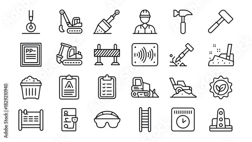 Construction site equipment and tools icons set building machinery and worker outline symbols