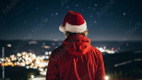 Young person wearing a red Santa hat and jacket, looking out at a sparkling city skyline at night, a festive winter holiday scene with bokeh lights and stars