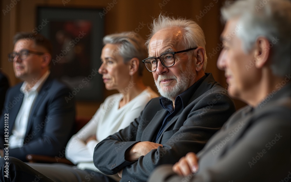 Fototapeta premium thoughtful older man with glasses listens intently during discussion, surrounded by diverse group of adults. atmosphere is reflective and engaged, highlighting importance of shared experiences