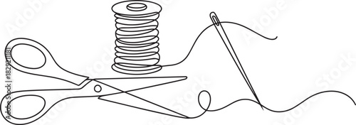 Sewing tools continuous line art vector – scissors, needle, and thread spool minimal illustration for tailoring, craft, or fashion design