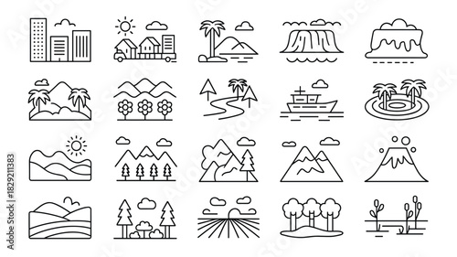 Outlines landscapes and cityscapes collection including mountains rivers and buildings art