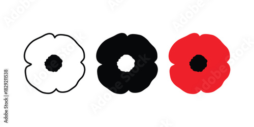 Poppy Flower Vector Set. Outline, Solid Black, and Red Poppy Icons. Remembrance Poppy Icons Collection