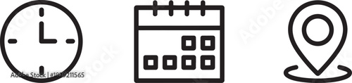 Time, location, and calendar icon set vector – clock, map pin, and schedule date symbols for planning, organization, or travel design