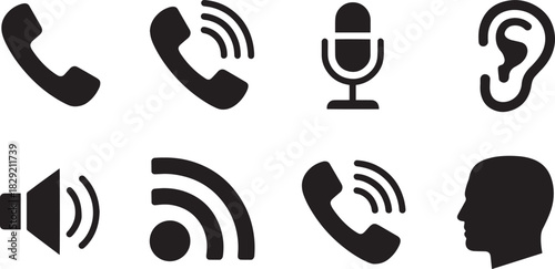 Communication icon set vector – phone, ear, microphone, RSS, speaker, and sound symbol silhouettes for media, call, or connection design