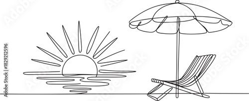 Continuous line art beach chair and umbrella vector – minimal summer seaside vacation scene with sunset for travel or relaxation design