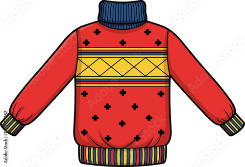 Ugly Christmas Sweater Vector with Turtleneck, Colorful Festive Knitwear Apparel and Geometric Pattern