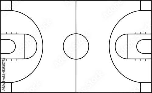 Basketball court diagram vector – simple black outline of sports field plan for game, training, strategy, or athletic design illustration