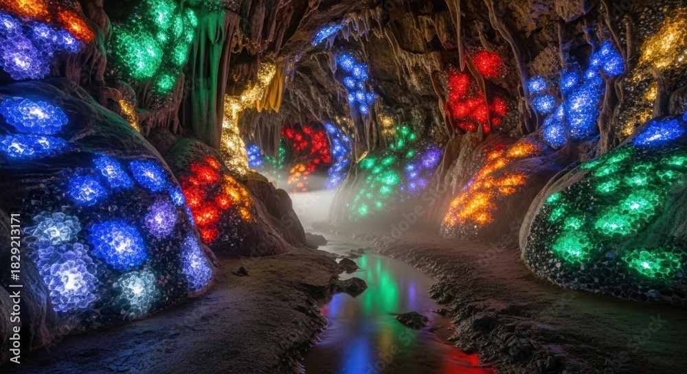 Fototapeta premium Enchanted Cave - A Mystical Grotto Illuminated by Colorful Lights.