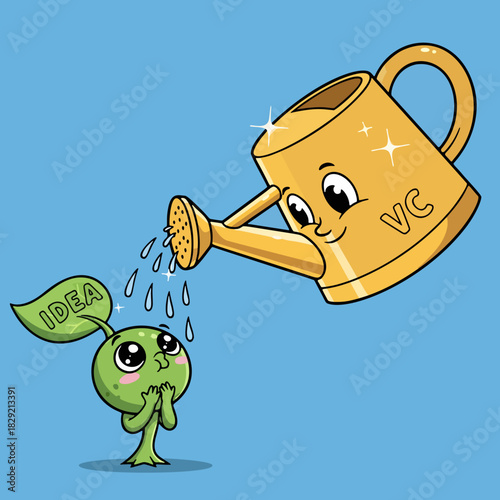 Gold Watering Can labeled VC Funding Idea Sprout