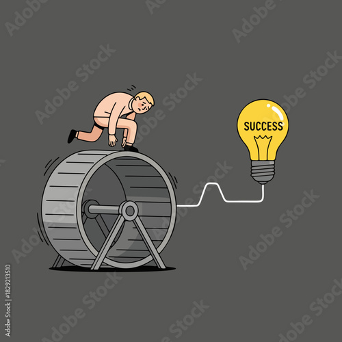 Businessman Running in Hamster Wheel Powering Success Lightbulb Concept