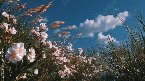 Blooming White Flowers and Tall Grass Swaying in Breeze Against Blue Sky with Clouds, Sunny Day Natural Outdoor Scene.