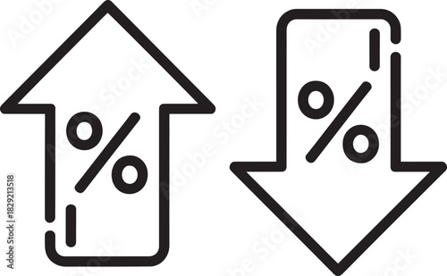 Percentage arrow icons vector – upward and downward rate symbols in black outline for business, finance, sale, growth, or discount design