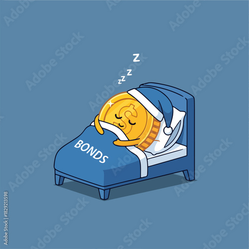 Sleeping Gold Coin in Bed Covered by Bonds Blanket Safe Investment Concept