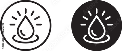 Water drop icon set vector – black and white droplet with shine lines, symbol of purity, hydration, environment, eco, or nature design illustration