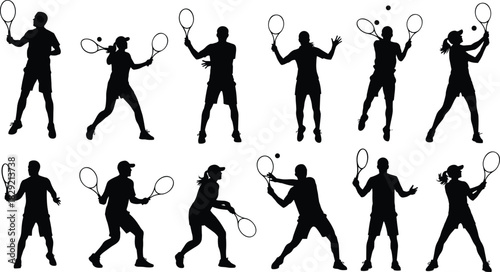 Diverse collection of tennis players silhouettes, showing men and women in dynamic serving and hitting action poses, representing competitive sports and fitness