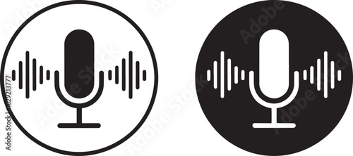 Microphone icon set vector – black and white audio symbol with sound waves for podcast, music, broadcast, radio, recording, or media design