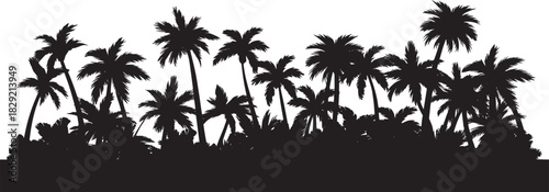 Dense palm forest silhouette vector – tropical nature border background for summer, vacation, exotic, travel, beach, or paradise theme design