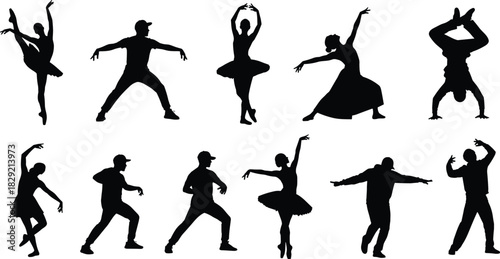 Silhouette dancers performing diverse dance styles, artistic choreography poses, ballet and hip-hop movement illustration, creative dance collection for design projects