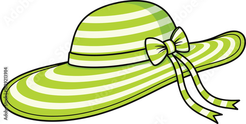 Wide-Brimmed Green and White Striped Sun Hat Vector, Summer Fashion Accessory with Matching Bow Detail
