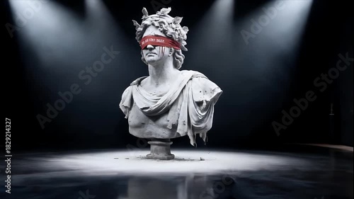 Blindfolded Marble Bust: Red Bandaged Statue with Ancient Laurel Crown