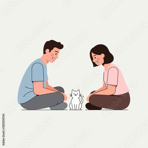 Smiling couple enjoys bonding time with their beloved pet cat, sharing a heartwarming moment of domestic companionship and joy