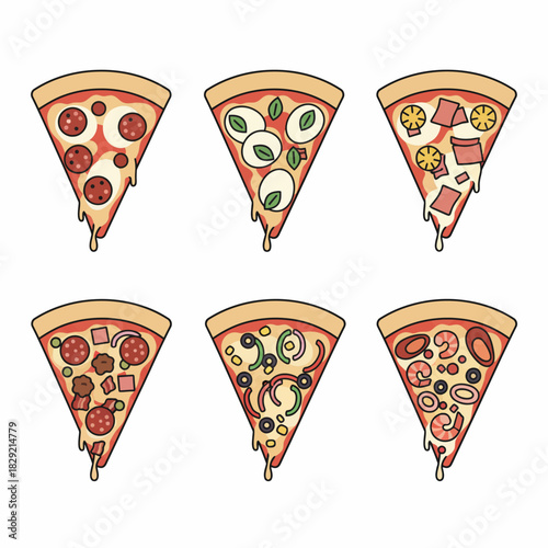 A delectable collection of six cartoon pizza slices, each featuring unique and mouth-watering toppings, perfect for any menu