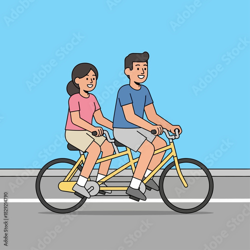 Smiling Man and Woman Riding a Tandem Bike, Embracing Shared Experiences and Outdoor Fun