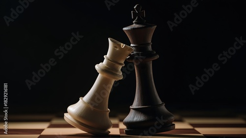 checkmate. Black chess queen piece knocking over white king on a wooden chessboard. lifestyle magazines, social media lookbooks, designed for lifestyle magazines and social media content.