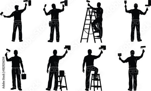 Eight professional painter silhouettes using rollers, brushes, and ladders, representing home renovation, house maintenance, interior design, and DIY repair services