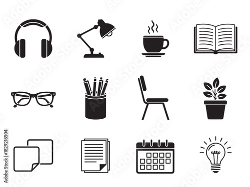 Brutalist Study Icons. Quiet study environment silhouette icon set: headphones, desk lamp, steaming cup, open notebook, glasses, pen case, chair, plant, light bulb, sticky notes,