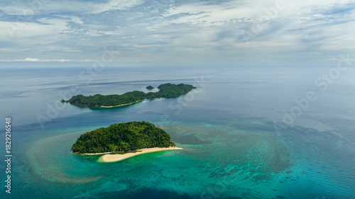Aerial drone of tropical islands with beach and blue sea. Agutaya and Danjugan islands, Philippines.