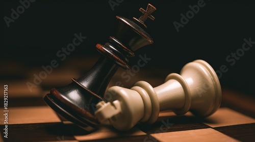 checkmate. Black chess queen piece knocking over white king on a wooden chessboard. lifestyle magazines, social media lookbooks, designed for lifestyle magazines and social media content.