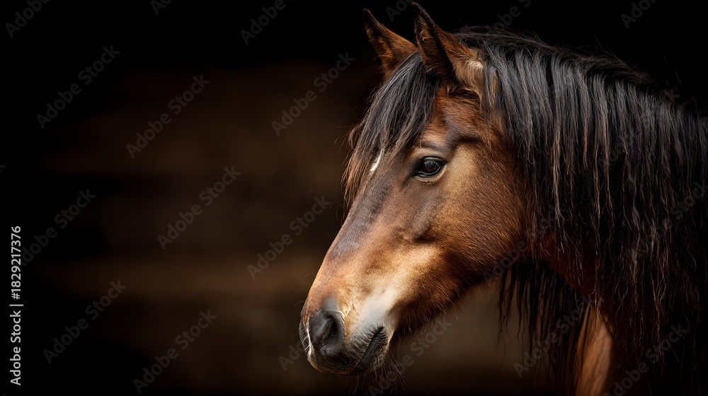 Fototapeta premium Majestic Bay Horse with Flowing Mane Against a Dark Background.