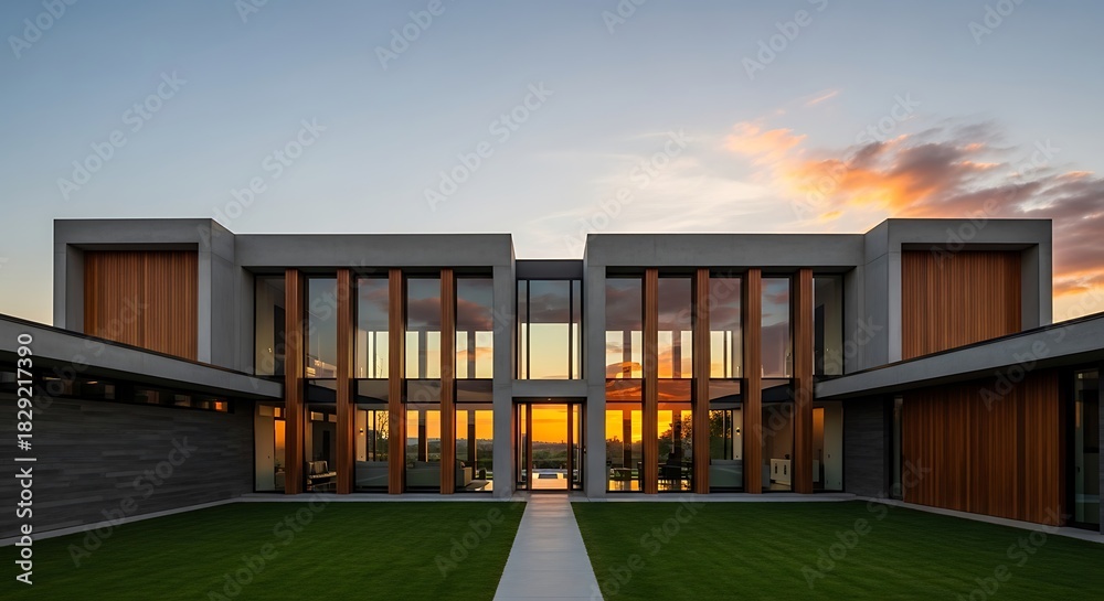 Fototapeta premium Modern Luxury Residence with Expansive Glass Facade at Sunset.