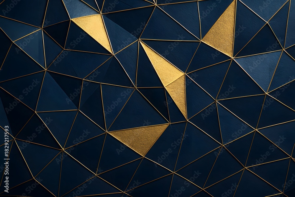 Fototapeta premium Elegant Geometric Abstract Background Navy Blue Triangles with Gold Accents and Lines, Modern Art Design.
