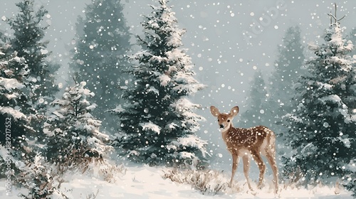 A young deer stands peacefully amidst snow covered evergreen trees in a serene and magical winter forest landscape scene for Christmas cards.