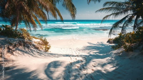 Serene Beach Escape with Palm Trees and Gentle Waves, Sandy Path Leading to Tropical Ocean, Tranquil Scene under Clear Blue Sky