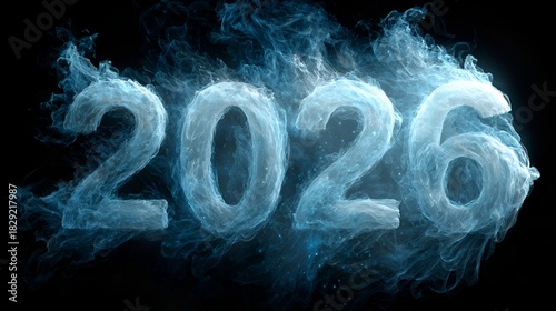 The year 2026 is displayed in icy blue numbers with swirling smoke effect on a black background creating a futuristic visual design.