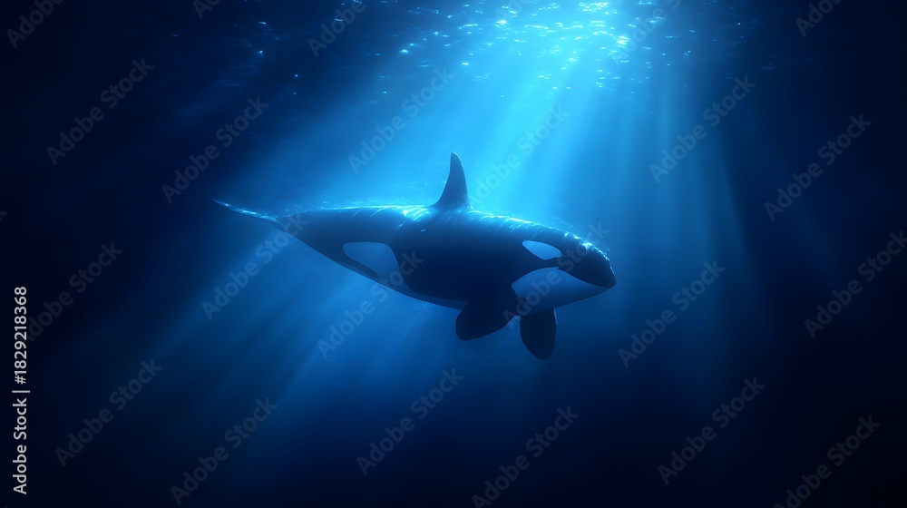Obraz premium Majestic Orca Swimming in Deep Blue Ocean with Sun Rays Illuminating the Water.