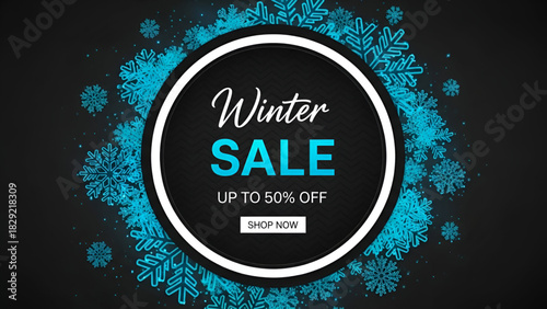 Elegant Circular Frame Design Winter Sale Discount Banner Surrounded By Glowing Blue Snowflakes And Sparkling Bokeh Lights On A Dark Background Advertising Mega Exclusive Offers Up To Fifty Percent 