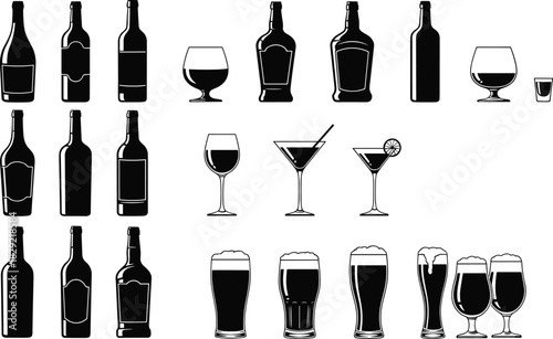 Alcohol drinks silhouettes, diverse bottles, wine, beer, cocktail glasses, bar menu, beverage, pub, nightlife, black vector icons set.