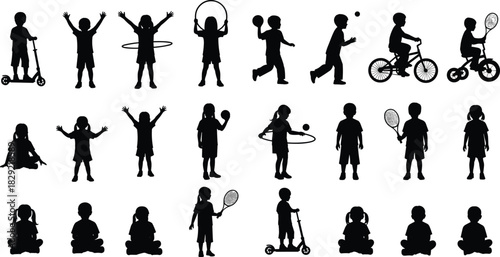 Active children playing silhouettes, diverse sports, cycling, scooter, hula hoop, tennis, ball games, childhood fun, black vector illustration set.