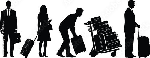 Business travelers silhouettes, pulling luggage, carrying briefcases, airport passengers, professional journey, travel, black vector illustration set.