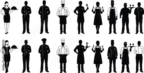 Diverse restaurant staff silhouettes, chefs, waiters, aprons, serving tray, hospitality uniform, food service industry, black vector collection.