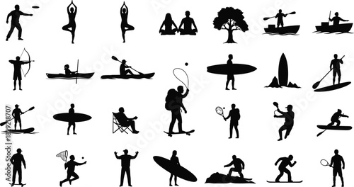 Diverse outdoor activity silhouettes, yoga, surfing, kayaking, archery, tennis, hiking, leisure, sports, black vector illustration set.