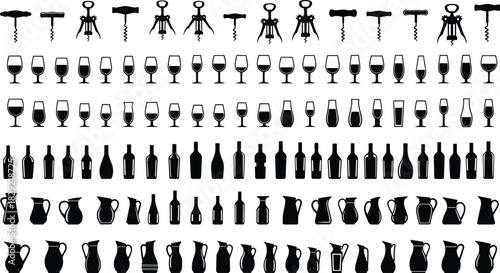 Diverse wine bottles, glasses, corkscrews, pitchers silhouettes, bar accessories, beverage, drinks, kitchenware, black vector icons collection.